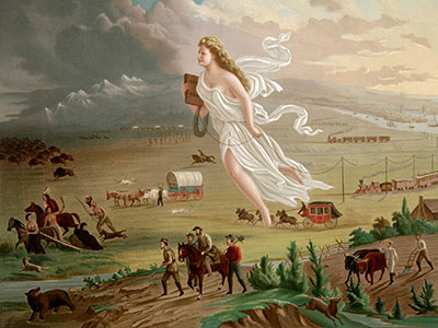 A symbolic figure draped in white glides across the sky, holding a book and telegraph wire. Below, pioneers, covered wagons, trains, and buffalo depict westward expansion against a landscape of plains, mountains, and a setting sun.